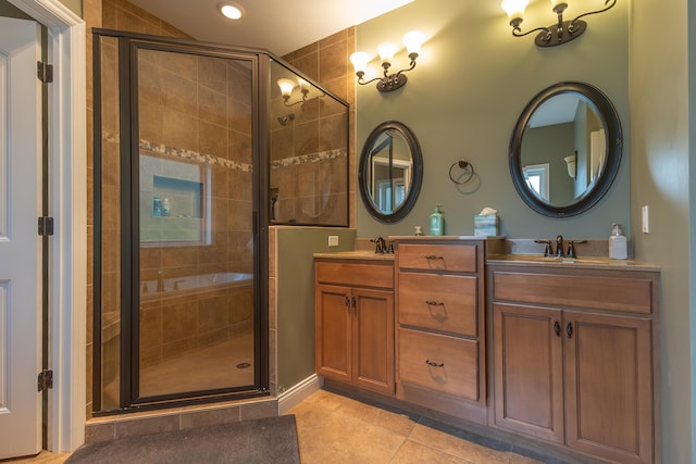 315 W Proctor St, Sturgeon, MO 65284 - bathroom with tile patterned floors, a shower stall, double vanity, recessed lighting, and a tub to relax in
