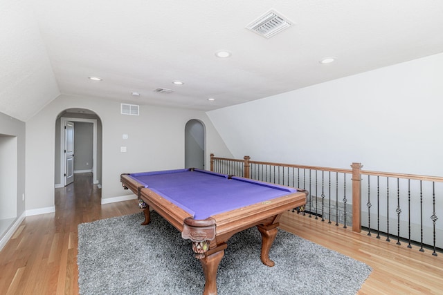 8900 W Graham Rd, Rocheport, MO 65279 - game room featuring light wood-style flooring, arched walkways, vaulted ceiling, pool table, and recessed lighting