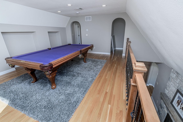 8900 W Graham Rd, Rocheport, MO 65279 - game room with arched walkways, vaulted ceiling, wood finished floors, billiards table, and recessed lighting
