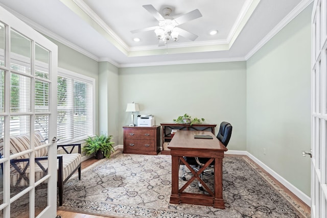 1707 Brookfield Mnr, Columbia, MO 65203 - office area with a raised ceiling, wood finished floors, ceiling fan, and crown molding