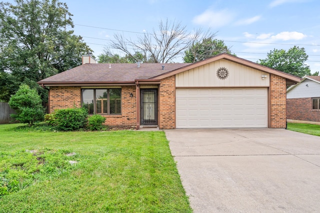 2002 Chapel Hill Rd, Columbia, MO 65203 - ranch-style house with brick siding, a chimney, an attached garage, concrete driveway, and a front lawn