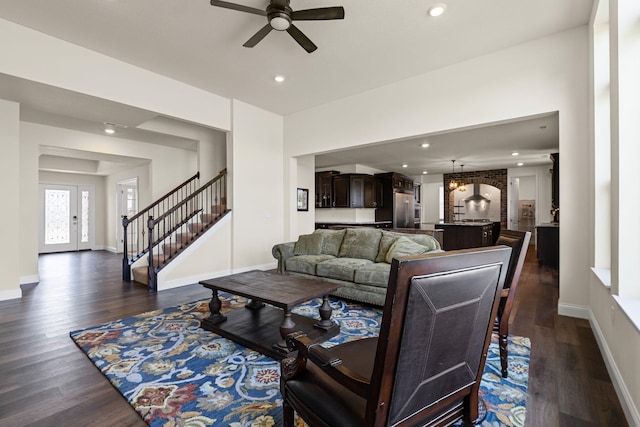 2821 Clopton Ct, Columbia, MO 65203 - living room featuring a ceiling fan, stairway, dark wood finished floors, and recessed lighting