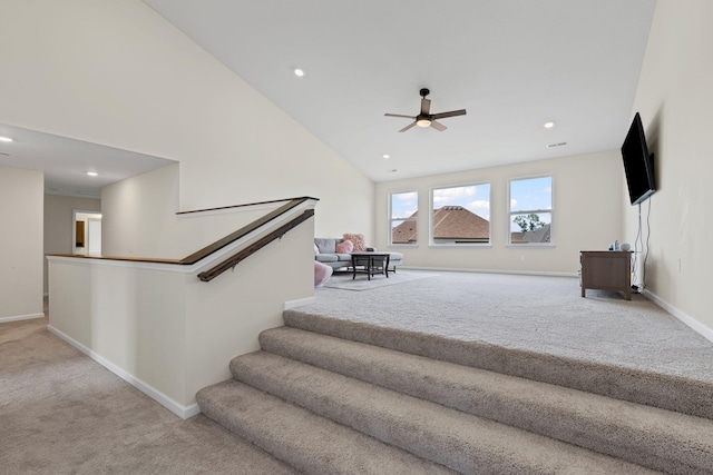 2821 Clopton Ct, Columbia, MO 65203 - staircase featuring carpet flooring, a ceiling fan, recessed lighting, and lofted ceiling