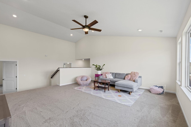 2821 Clopton Ct, Columbia, MO 65203 - living room with carpet flooring, a ceiling fan, vaulted ceiling, and recessed lighting