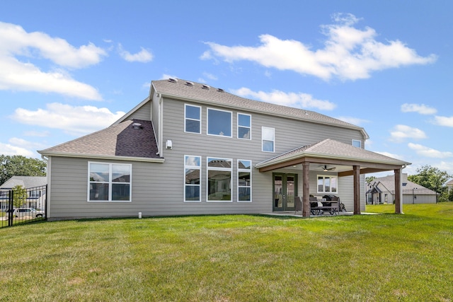 2821 Clopton Ct, Columbia, MO 65203 - back of property featuring french doors, a ceiling fan, a patio area, and a shingled roof