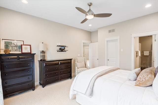 1107 Marcassin Dr, Columbia, MO 65201 - bedroom featuring light colored carpet, recessed lighting, ensuite bath, and a ceiling fan