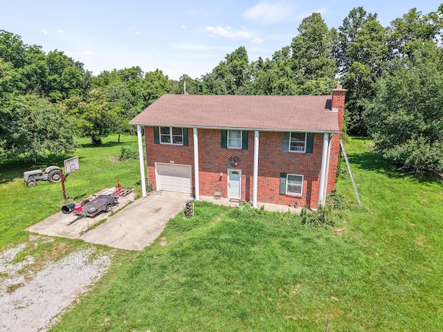 3601 W Hilltop Dr, Columbia, MO 65203 - view of front of house with dirt driveway, a chimney, a garage, a front yard, and brick siding