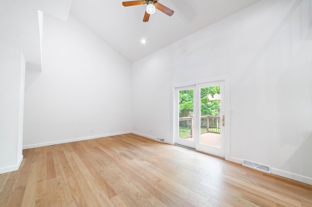 3112 Crestwood Ln, Columbia, MO 65203 - empty room featuring high vaulted ceiling, light wood finished floors, and ceiling fan