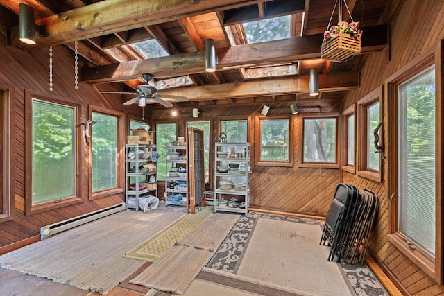 3707 Woodridge Ct, Columbia, MO 65201 - unfurnished sunroom featuring wooden walls, baseboard heating, and beamed ceiling