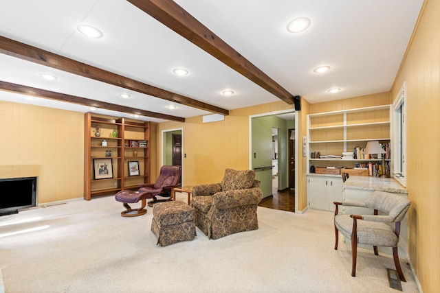 3707 Woodridge Ct, Columbia, MO 65201 - carpeted living room featuring wooden walls, beam ceiling, and recessed lighting