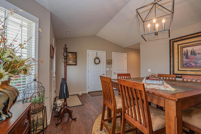 1331 Lantern Pointe Dr, Moberly, MO 65270 - dining room with a chandelier, vaulted ceiling, dark wood finished floors, and a textured ceiling