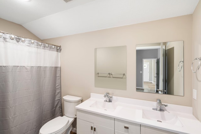 1101 Pannell St, Columbia, MO 65201 - bathroom featuring double vanity, lofted ceiling, and a shower with shower curtain