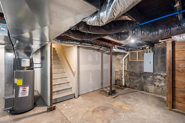 1101 Pannell St, Columbia, MO 65201 - unfinished below grade area featuring electric panel, water heater, and stairs