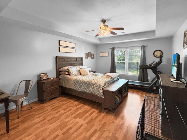 307 Jameson Dr, Ashland, MO 65010 - bedroom with light wood-style flooring, a raised ceiling, and ceiling fan
