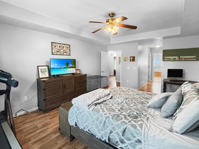307 Jameson Dr, Ashland, MO 65010 - bedroom with a tray ceiling, wood finished floors, ensuite bath, and ceiling fan