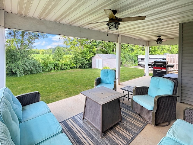 307 Jameson Dr, Ashland, MO 65010 - view of patio / terrace with a storage shed, outdoor lounge area, a ceiling fan, and grilling area