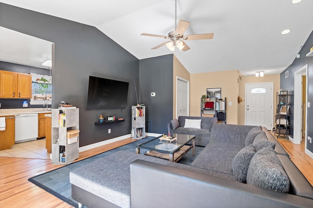 547 E Clearview Dr, Columbia, MO 65202 - living room with vaulted ceiling, light wood-style floors, ceiling fan, and recessed lighting