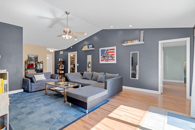 547 E Clearview Dr, Columbia, MO 65202 - living room featuring ceiling fan, vaulted ceiling, light wood-style flooring, and recessed lighting
