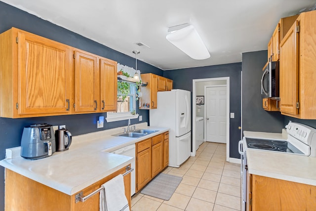 547 E Clearview Dr, Columbia, MO 65202 - kitchen with white appliances, light tile patterned flooring, and light countertops