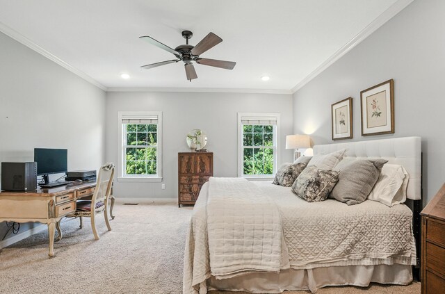 4106 Fritz Ct, Columbia, MO 65203 - bedroom featuring carpet, multiple windows, crown molding, recessed lighting, and a desk