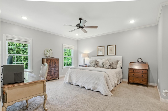 4106 Fritz Ct, Columbia, MO 65203 - bedroom featuring light carpet, ornamental molding, recessed lighting, and ceiling fan