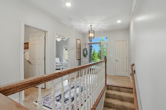 4106 Fritz Ct, Columbia, MO 65203 - corridor featuring tile patterned flooring, ornamental molding, recessed lighting, an upstairs landing, and a chandelier