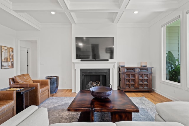 7405 Brackenhill Dr, Columbia, MO 65203 - living area featuring coffered ceiling, wood finished floors, beamed ceiling, a fireplace, and ornamental molding