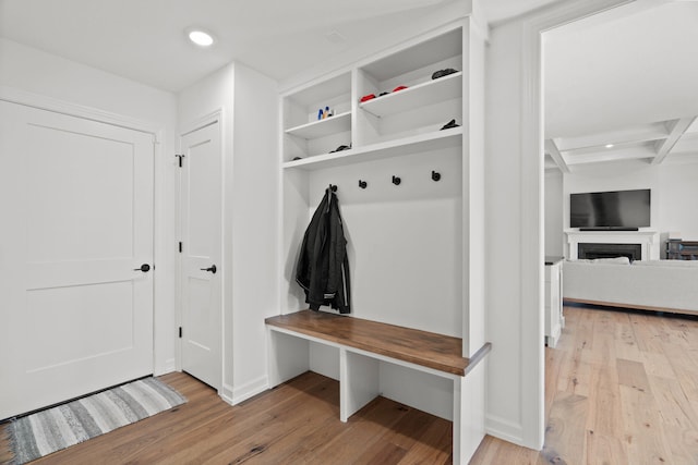 7405 Brackenhill Dr, Columbia, MO 65203 - mudroom featuring light wood-type flooring, a fireplace, recessed lighting, and beam ceiling