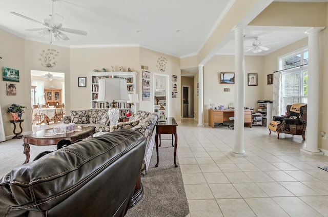 3824 Canyon Ridge Dr, Columbia, MO 65202 - living area featuring decorative columns, a ceiling fan, light tile patterned floors, and crown molding