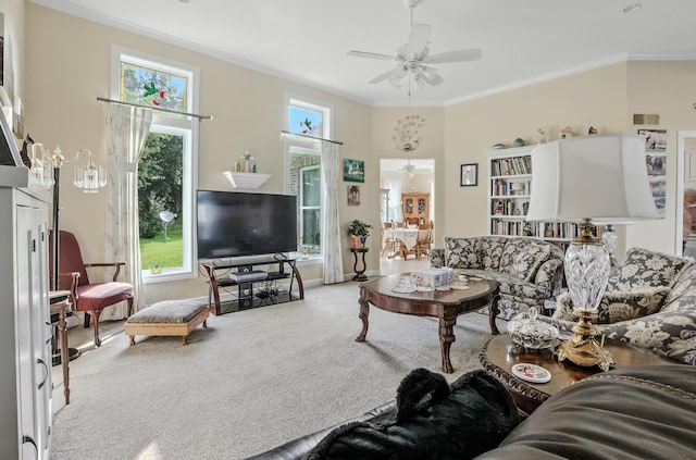 3824 Canyon Ridge Dr, Columbia, MO 65202 - living room with ceiling fan, carpet floors, and crown molding