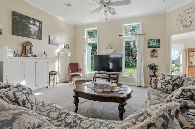 3824 Canyon Ridge Dr, Columbia, MO 65202 - living room featuring light colored carpet, a ceiling fan, and crown molding