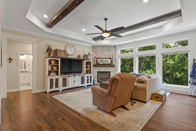 1880 W Cresskill Dr, Columbia, MO 65203 - living area featuring ceiling fan, a stone fireplace, crown molding, recessed lighting, and dark wood-style floors