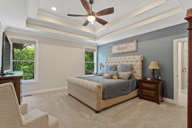 1880 W Cresskill Dr, Columbia, MO 65203 - bedroom with ornamental molding, carpet flooring, multiple windows, and a tray ceiling