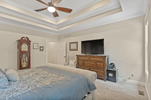 1880 W Cresskill Dr, Columbia, MO 65203 - bedroom with a raised ceiling, light carpet, crown molding, and ceiling fan