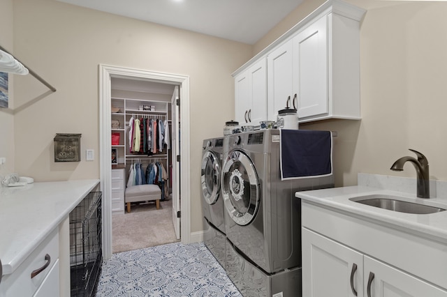 1880 W Cresskill Dr, Columbia, MO 65203 - washroom with cabinet space, washing machine and clothes dryer, carpet floors, and tile patterned flooring
