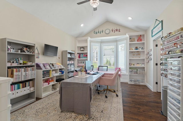 1880 W Cresskill Dr, Columbia, MO 65203 - office featuring a ceiling fan, lofted ceiling, wood finished floors, and recessed lighting