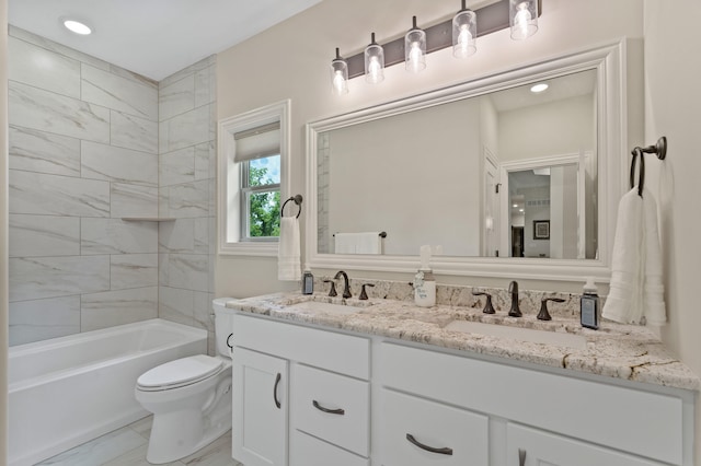 1880 W Cresskill Dr, Columbia, MO 65203 - bathroom featuring double vanity, bathing tub / shower combination, and recessed lighting