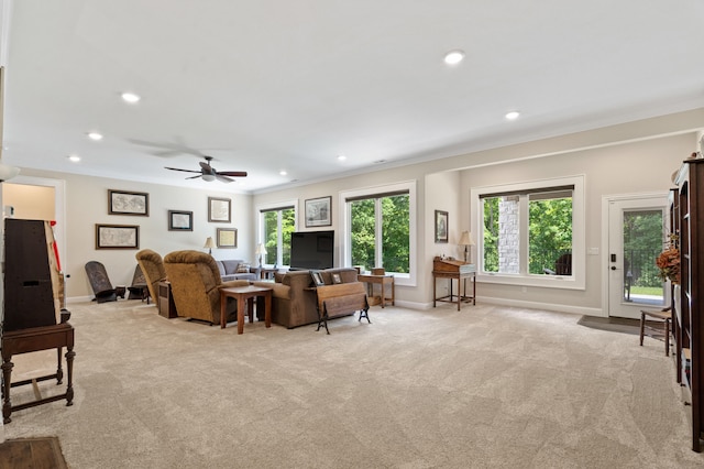 1880 W Cresskill Dr, Columbia, MO 65203 - carpeted living area with crown molding, recessed lighting, and a ceiling fan