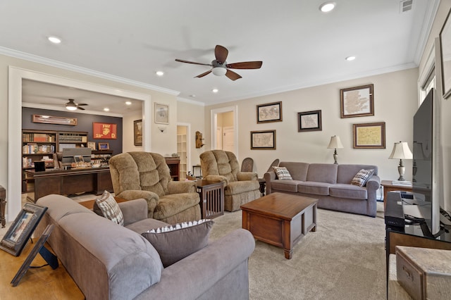 1880 W Cresskill Dr, Columbia, MO 65203 - living area with a ceiling fan, recessed lighting, and ornamental molding