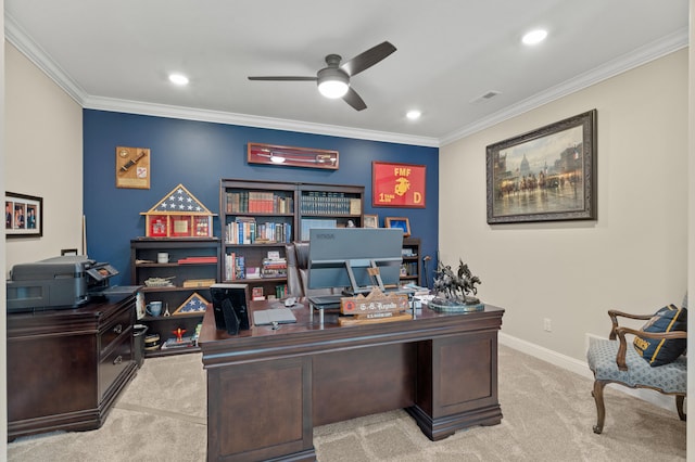 1880 W Cresskill Dr, Columbia, MO 65203 - office space featuring ceiling fan, crown molding, carpet floors, and recessed lighting