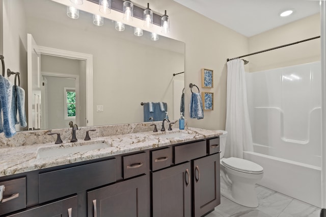 1880 W Cresskill Dr, Columbia, MO 65203 - full bath featuring marble finish flooring, double vanity, and shower / bath combo with shower curtain