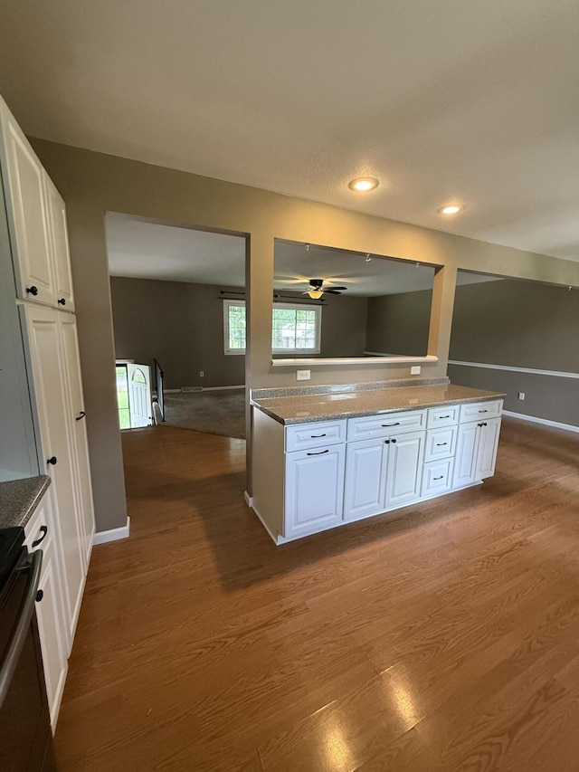 2220 N Lakeland Dr, Columbia, MO 65202 - kitchen featuring wood finished floors, white cabinetry, stove, and recessed lighting