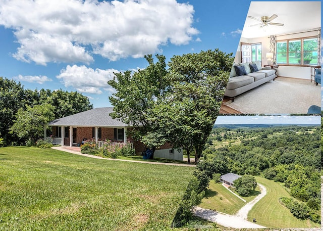 11657 Fletcher Ln, Holts Summit, MO 65043 - view of front of home with ceiling fan, a front yard, a porch, and a patio