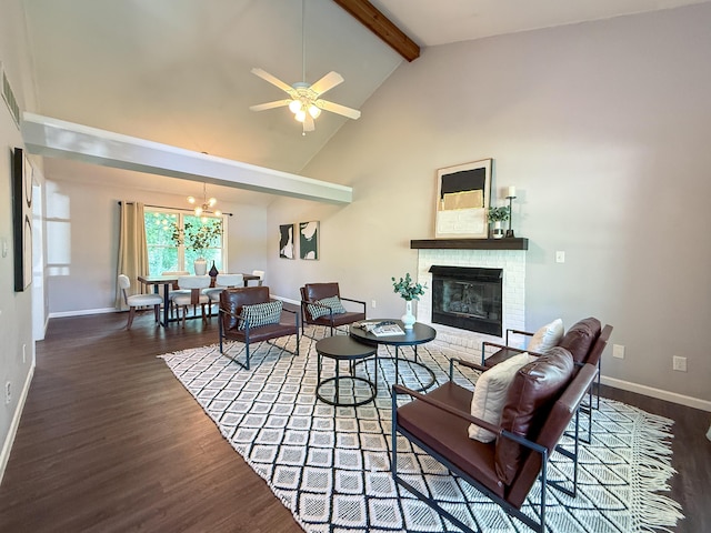 3712 Godfrey Dr, Columbia, MO 65203 - living room with beam ceiling, wood finished floors, a glass covered fireplace, a chandelier, and ceiling fan
