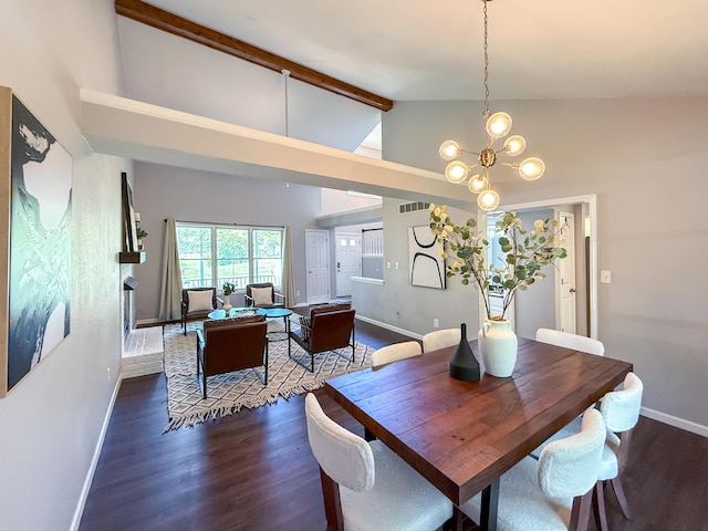 3712 Godfrey Dr, Columbia, MO 65203 - dining area with wood finished floors, beam ceiling, a chandelier, and high vaulted ceiling
