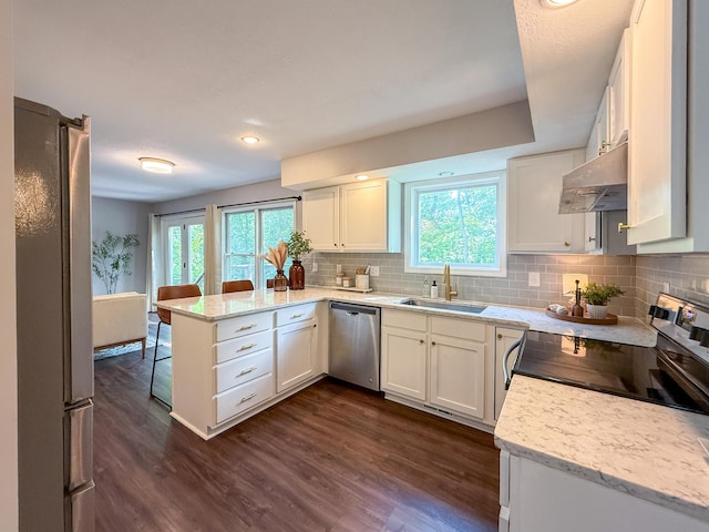 3712 Godfrey Dr, Columbia, MO 65203 - kitchen with appliances with stainless steel finishes, under cabinet range hood, a peninsula, dark wood-style floors, and decorative backsplash