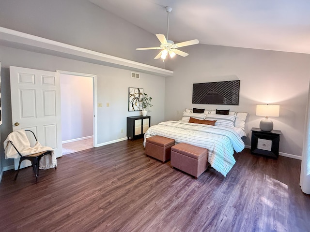 3712 Godfrey Dr, Columbia, MO 65203 - bedroom with dark wood-type flooring, high vaulted ceiling, and a ceiling fan