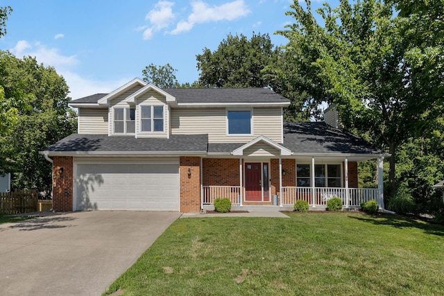3712 Godfrey Dr, Columbia, MO 65203 - view of front of home featuring concrete driveway, an attached garage, brick siding, covered porch, and a chimney