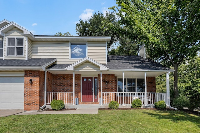 3712 Godfrey Dr, Columbia, MO 65203 - view of front of house featuring covered porch, brick siding, a front lawn, a shingled roof, and a garage