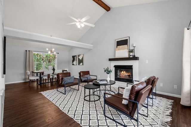 3712 Godfrey Dr, Columbia, MO 65203 - living room featuring beamed ceiling, a brick fireplace, a ceiling fan, wood finished floors, and high vaulted ceiling